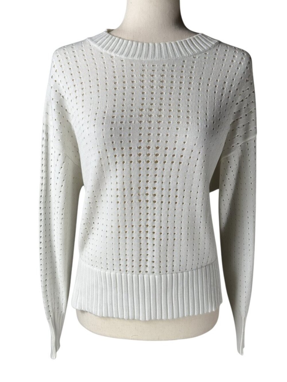 Pure Amici White Open-Knit Cotton Silk Blend Sweater Size 1 or Medium